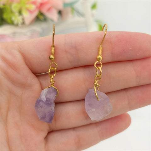 Raw Amethyst Earrings, Purple Stone Earrings, Raw Crystal Earrings, Birthstone Gold Gemstone Earrings, Tiny Clear Minimalist Dangle Earrings - Froppin