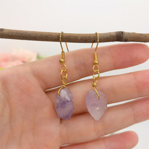 Raw Amethyst Earrings, Purple Stone Earrings, Raw Crystal Earrings, Birthstone Gold Gemstone Earrings, Tiny Clear Minimalist Dangle Earrings - Froppin