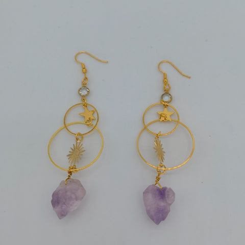 Raw Amethyst Solar Star Sun Symbol Hoop Earrings, Crystal Purple Stone Birthstone Gold Double Hoops, Star Orbit Astrology Dangle Earrings - Froppin