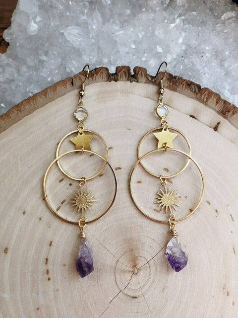 Raw Amethyst Solar Star Sun Symbol Hoop Earrings, Crystal Purple Stone Birthstone Gold Double Hoops, Star Orbit Astrology Dangle Earrings - Froppin