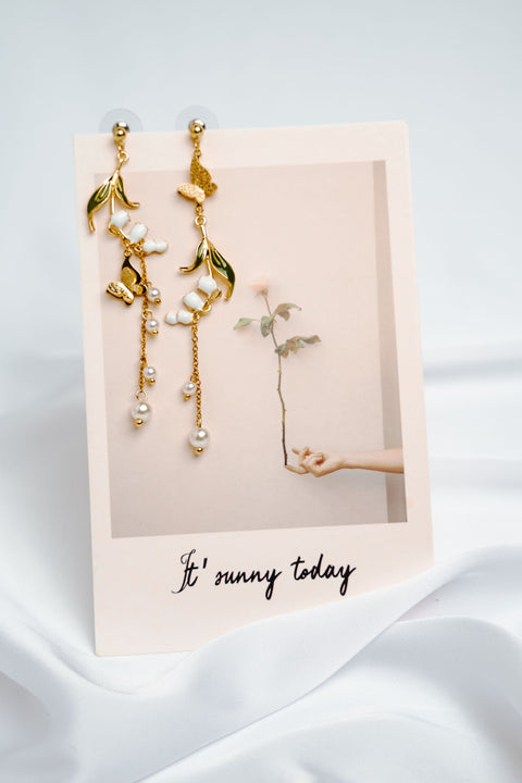 Real Lily Flower Earrings Butterfly Earrings Cute Earrings, Gift For Her Hoop Earrings Gold Long Earrings Floral Earrings Enchanted Earrings - Froppin