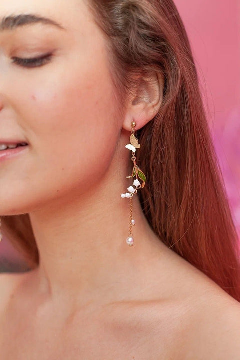 Real Lily Flower Earrings Butterfly Earrings Cute Earrings, Gift For Her Hoop Earrings Gold Long Earrings Floral Earrings Enchanted Earrings - Froppin