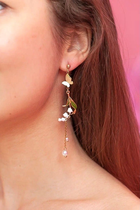 Real Lily Flower Earrings Butterfly Earrings Cute Earrings, Gift For Her Hoop Earrings Gold Long Earrings Floral Earrings Enchanted Earrings - Froppin
