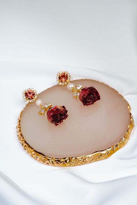 Realistic Rose Flower Bow Tie Earrings • Pearl Nature Drop • Epoxy Resin Pink Glowing Crystal Earrings • Classy Girl Style Dangle Earrings - Froppin