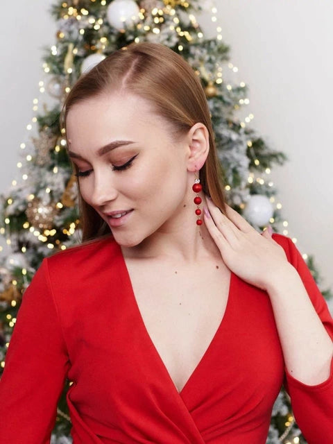 Red Balls Threadnand Christmas New Year 2022 Earrings Berry - Froppin