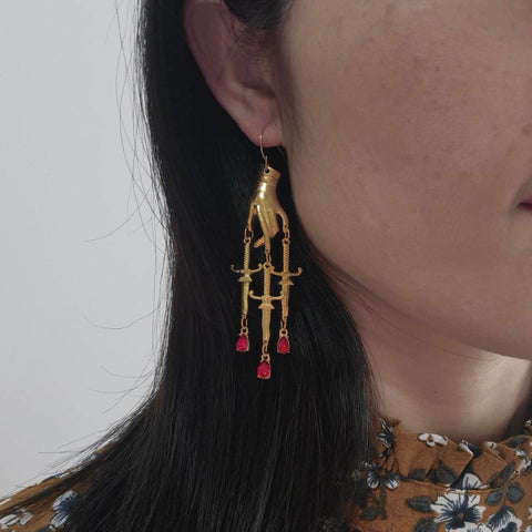 Red Stone Blood Drip Drop Dagger Earrings - Froppin