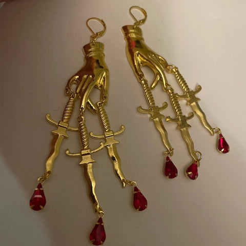 Red Stone Blood Drip Drop Dagger Earrings - Froppin