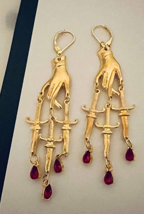 Red Stone Blood Drip Drop Dagger Earrings - Froppin