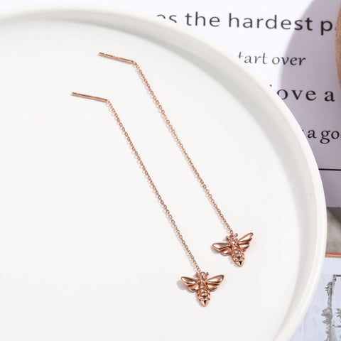 Rose Gold Mini Honeybee Earrings, Queen Bee Earring, Beehive Earrings, Insect Animal Earrings, Long Adjustable Chain Earrings Dainty Jewelry - Froppin