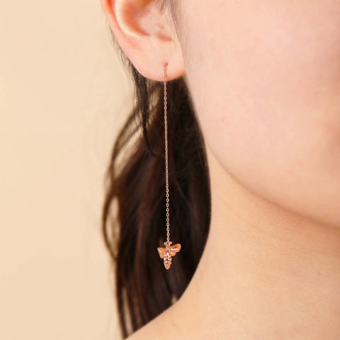 Rose Gold Mini Honeybee Earrings, Queen Bee Earring, Beehive Earrings, Insect Animal Earrings, Long Adjustable Chain Earrings Dainty Jewelry - Froppin