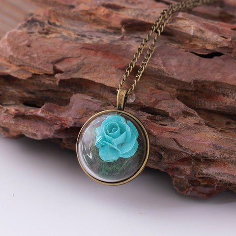 Rose necklace, colorful flower in transparent necklace, exquisite pendant high quality floral natural necklace, blue and pink rose flowers - Froppin