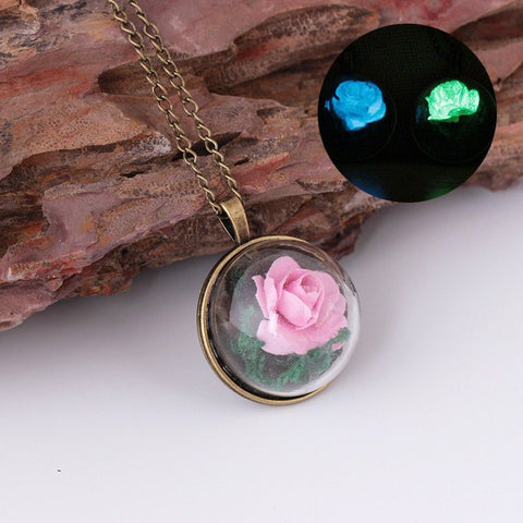 Rose necklace, colorful flower in transparent necklace, exquisite pendant high quality floral natural necklace, blue and pink rose flowers - Froppin