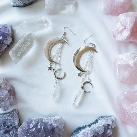 Rough Quartz Earrings, Crescent Stone Earring Crystal Jewelry, Astronomy Planet Earrings Moon Earrings, Silver Celestial Nature Moon Jewelry - Froppin