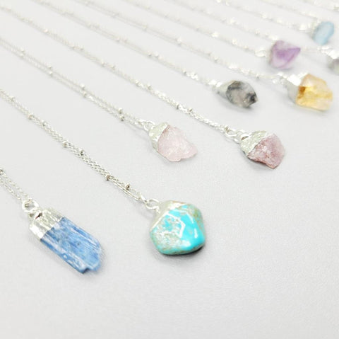 Rough Stone Necklace, Rose Clear Strawberry Quartz Necklace, Raw Amethyst, Herkimer Diamond, Citrine Gemstone Pendant, Hard Crystal Necklace - Froppin