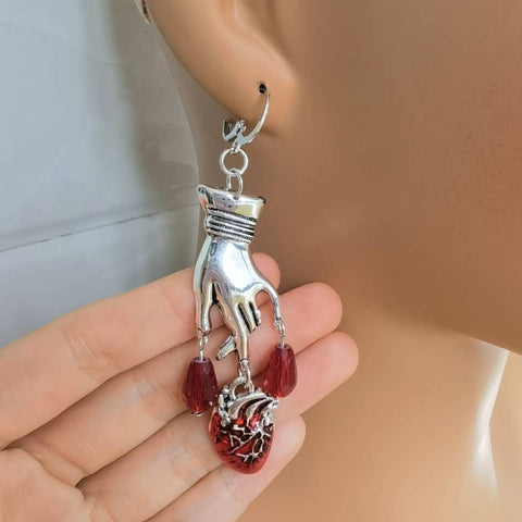 Silver Bleeding Heart Earrings, Gemstone Earrings, Crystal Earrings Gothic Earrings, Cute Earrings Dainty Earrings, Gift Love Death Earrings - Froppin