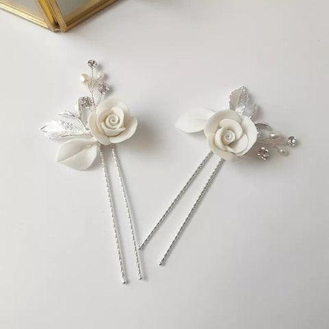 Silver Bridal Flower Hair Pins, White Floral Hair Pin Pearl Hairpiece, Crystal Bridal Flower Hair Accessory, Bridesmaid Gift Wedding Jewelry - Froppin