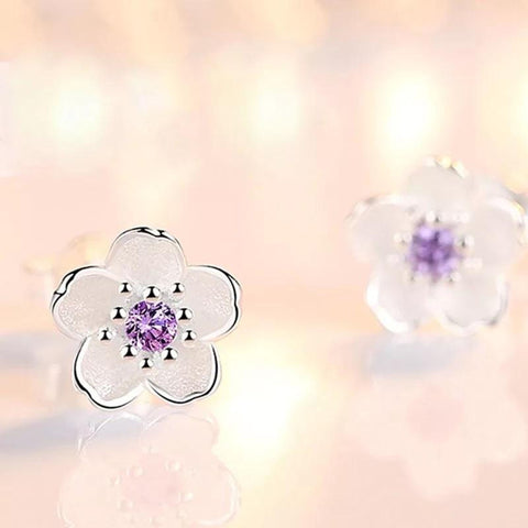 Silver Cherry Blossom Flower Stud Earrings, Stone Petal Earrings, Minimalist Earrings, Tiny Studs, Floral Earrings, Crystal Flower Earrings - Froppin