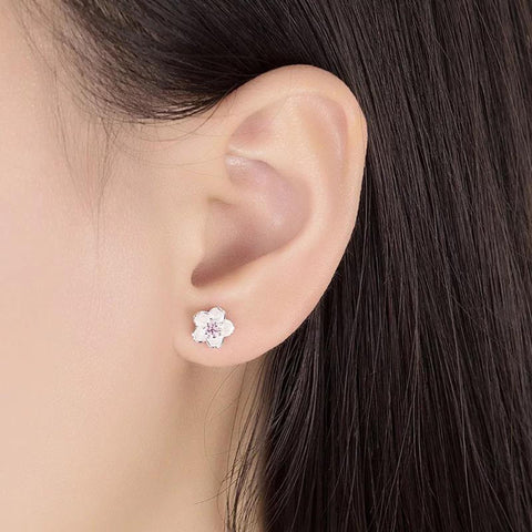 Silver Cherry Blossom Flower Stud Earrings, Stone Petal Earrings, Minimalist Earrings, Tiny Studs, Floral Earrings, Crystal Flower Earrings - Froppin