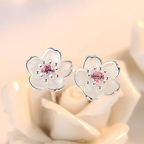 Silver Cherry Blossom Flower Stud Earrings, Stone Petal Earrings, Minimalist Earrings, Tiny Studs, Floral Earrings, Crystal Flower Earrings - Froppin