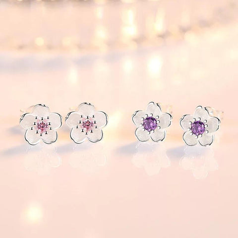 Silver Cherry Blossom Flower Stud Earrings, Stone Petal Earrings, Minimalist Earrings, Tiny Studs, Floral Earrings, Crystal Flower Earrings - Froppin