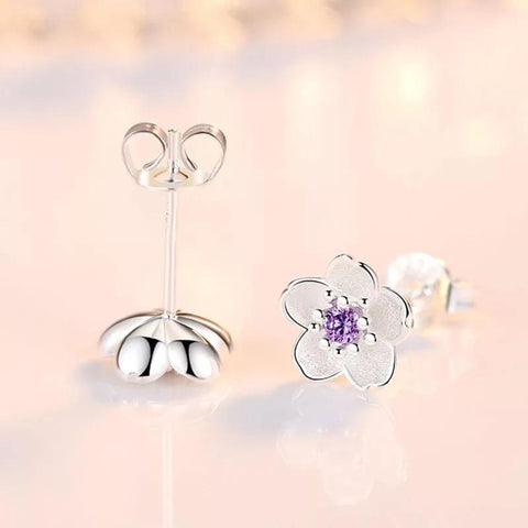 Silver Cherry Blossom Flower Stud Earrings, Stone Petal Earrings, Minimalist Earrings, Tiny Studs, Floral Earrings, Crystal Flower Earrings - Froppin