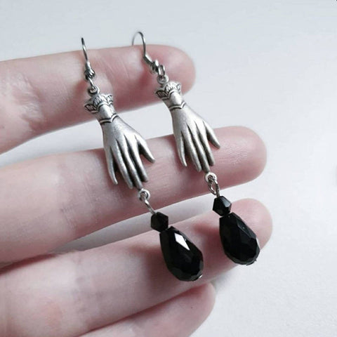 Silver Feminine Hands Earrings, Long Cuffed Lady Hands Earrings, Cubic Black Stone Palm Drop Crystal Hand, Women's Hands Power Love Earrings - Froppin