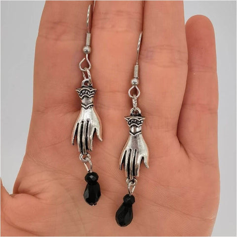 Silver Feminine Hands Earrings, Long Cuffed Lady Hands Earrings, Cubic Black Stone Palm Drop Crystal Hand, Women's Hands Power Love Earrings - Froppin