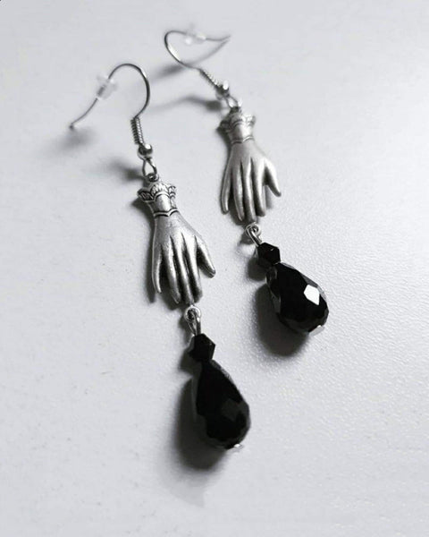 Silver Feminine Hands Earrings, Long Cuffed Lady Hands Earrings, Cubic Black Stone Palm Drop Crystal Hand, Women's Hands Power Love Earrings - Froppin
