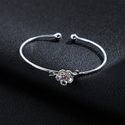 Silver Flower Bracelet, Cherry Blossom Bangle, Sakura Bracelet, Flower Jewelry, Floral Bangle, CZ Stone Bracelet, Crystal Flower Adjustable - Froppin