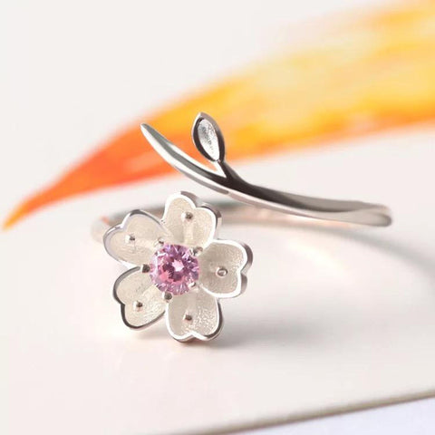 Silver Flower Ring, Sakura Ring Cherry Blossom Ring, Gemstone Ring Cherry Blossom Bangle, CZ Stone Bracelet Floral Ring, Crystal Flower Ring - Froppin