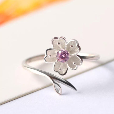 Silver Flower Ring, Sakura Ring Cherry Blossom Ring, Gemstone Ring Cherry Blossom Bangle, CZ Stone Bracelet Floral Ring, Crystal Flower Ring - Froppin