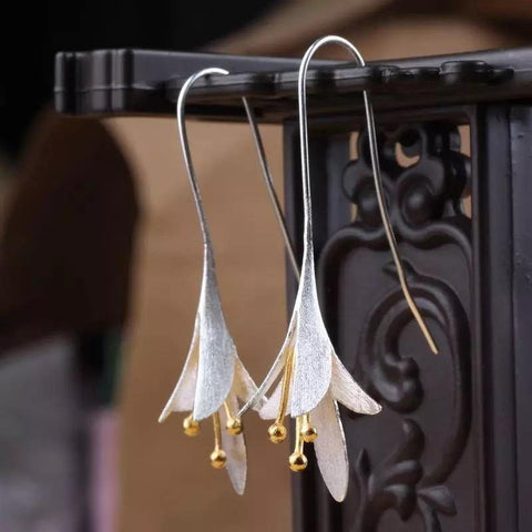 Silver Jasmine Flower Hook Earrings Floral Metallic Elegant Princess white spring Large Earrings - Froppin
