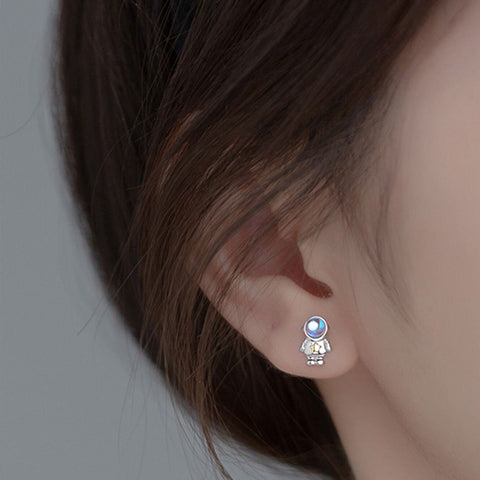 Silver Moonstone Astronaut Earrings, Space Suit Stone Earrings, Cosmic Gemstone Stud Earrings, Solar System Earrings, Moon Crystal Earrings - Froppin
