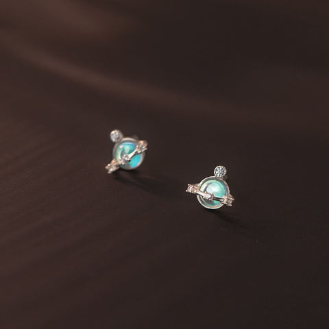 Silver Moonstone Planet Earrings, Stone Stud Earrings Cosmic Gemstone Earrings, Solar System Earrings, Moon Crystal Earring Birthstone Stud - Froppin