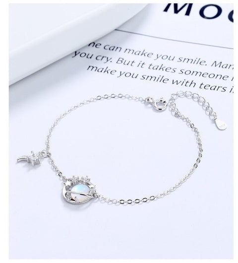 Silver Opal Planet Saturn Gemstone And Crystal Shining Stars Delicate Bracelet • Moon Star Crescent Charm • 925 Sterling Silver Bracelet - Froppin