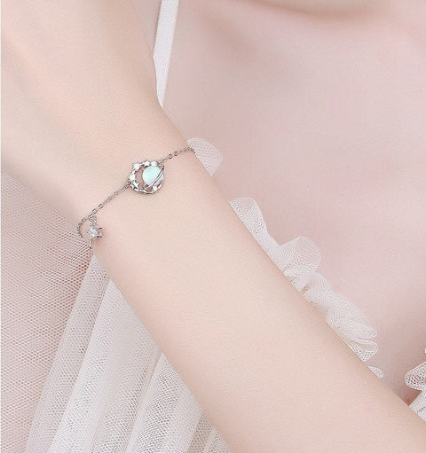 Silver Opal Planet Saturn Gemstone And Crystal Shining Stars Delicate Bracelet • Moon Star Crescent Charm • 925 Sterling Silver Bracelet - Froppin