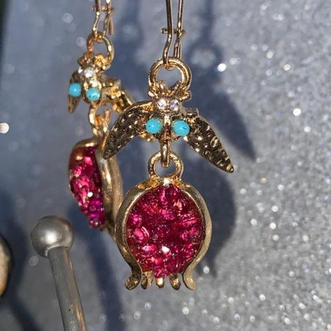 Space Insect Pomegranate Earrings, Alien Food Earrings, Fruit Earrings, Ruby Red Stone Earrings, Gold Silver Color Heart Crystal Earrings - Froppin