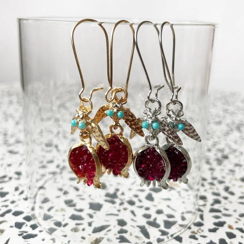 Space Insect Pomegranate Earrings, Alien Food Earrings, Fruit Earrings, Ruby Red Stone Earrings, Gold Silver Color Heart Crystal Earrings - Froppin