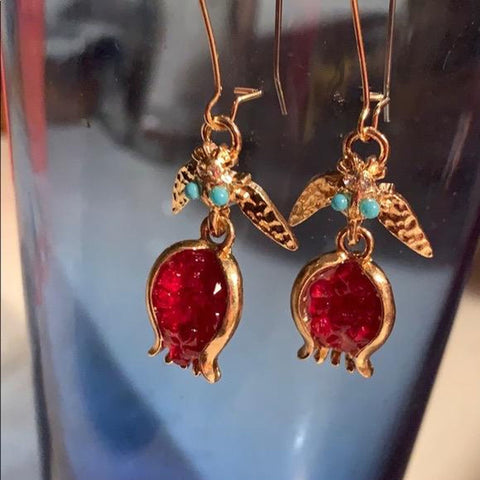 Space Insect Pomegranate Earrings, Alien Food Earrings, Fruit Earrings, Ruby Red Stone Earrings, Gold Silver Color Heart Crystal Earrings - Froppin