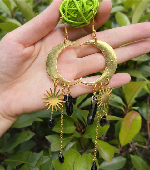 Spiritual Healing Sun Moon Quartz Hands Stars Earrings, Raw Crystal Black Quartz April Gemstone, Gold Psychic Star Science Dangle Earrings - Froppin