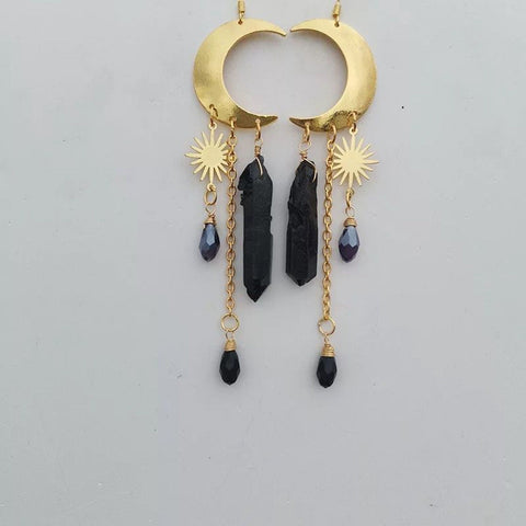 Spiritual Healing Sun Moon Quartz Hands Stars Earrings, Raw Crystal Black Quartz April Gemstone, Gold Psychic Star Science Dangle Earrings - Froppin
