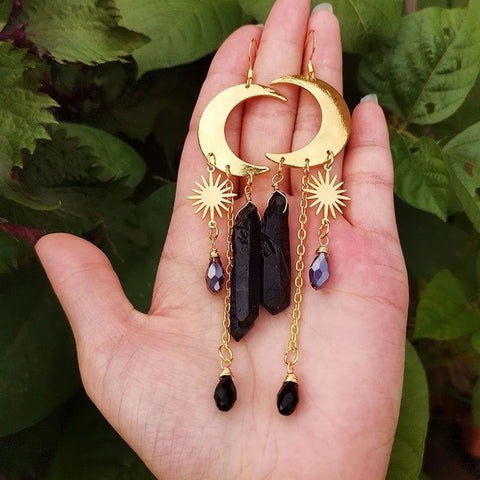 Spiritual Healing Sun Moon Quartz Hands Stars Earrings, Raw Crystal Black Quartz April Gemstone, Gold Psychic Star Science Dangle Earrings - Froppin