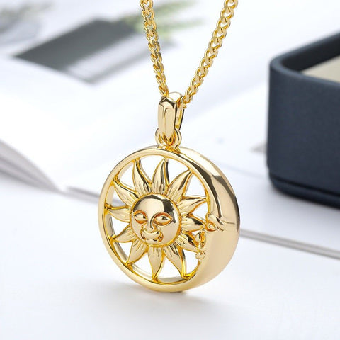 Sun Astrology Long Light Weight Gold Zodiac Face Astra Magic Symbol Necklace Pendant, Golden Chain Sun Necklace Shiny Elegant High Quality - Froppin