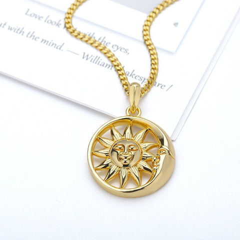 Sun Astrology Long Light Weight Gold Zodiac Face Astra Magic Symbol Necklace Pendant, Golden Chain Sun Necklace Shiny Elegant High Quality - Froppin