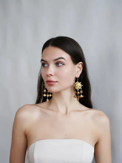 Sun Astrology Long Light Weight G&s Zodiac Dangle Earrings - Froppin