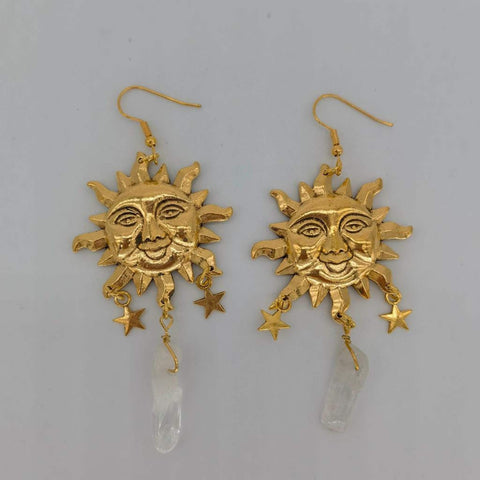 Sun Crystal Earring, Sun Light Clear Crystal Sun Power Earrings, Moon Nights Crescent Earring, Celestial Star Charms Moon Sun Mask Earrings - Froppin