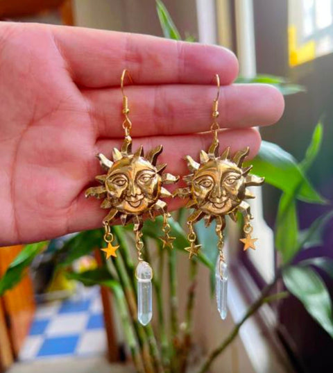 Sun Crystal Earring, Sun Light Clear Crystal Sun Power Earrings, Moon Nights Crescent Earring, Celestial Star Charms Moon Sun Mask Earrings - Froppin