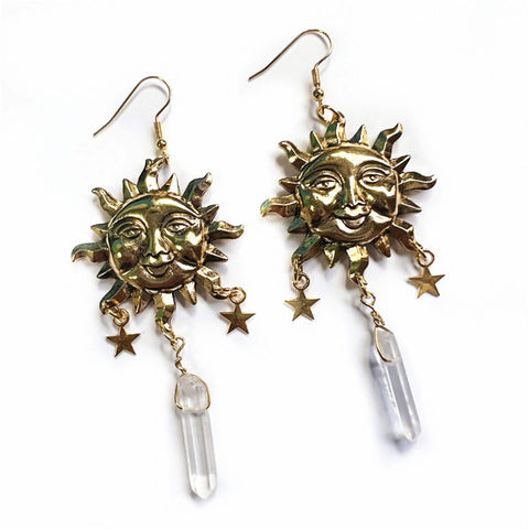 Sun Crystal Earring, Sun Light Clear Crystal Sun Power Earrings, Moon Nights Crescent Earring, Celestial Star Charms Moon Sun Mask Earrings - Froppin