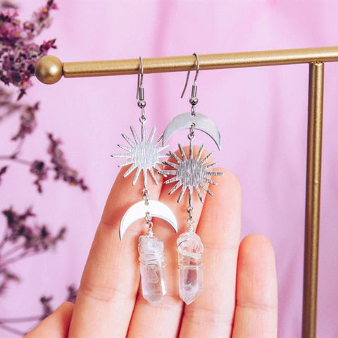 Sun Star Light Earrings, Healing Crystals Earrings, Moon Phase Crescent Moon Earring, White Crystal Natural Stone Silver Mismatched Earrings - Froppin