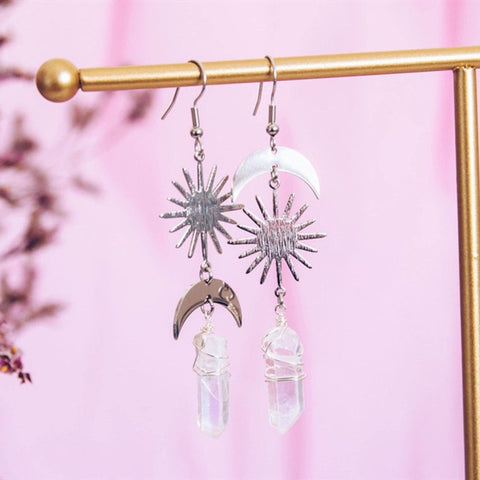 Sun Star Light Earrings, Healing Crystals Earrings, Moon Phase Crescent Moon Earring, White Crystal Natural Stone Silver Mismatched Earrings - Froppin